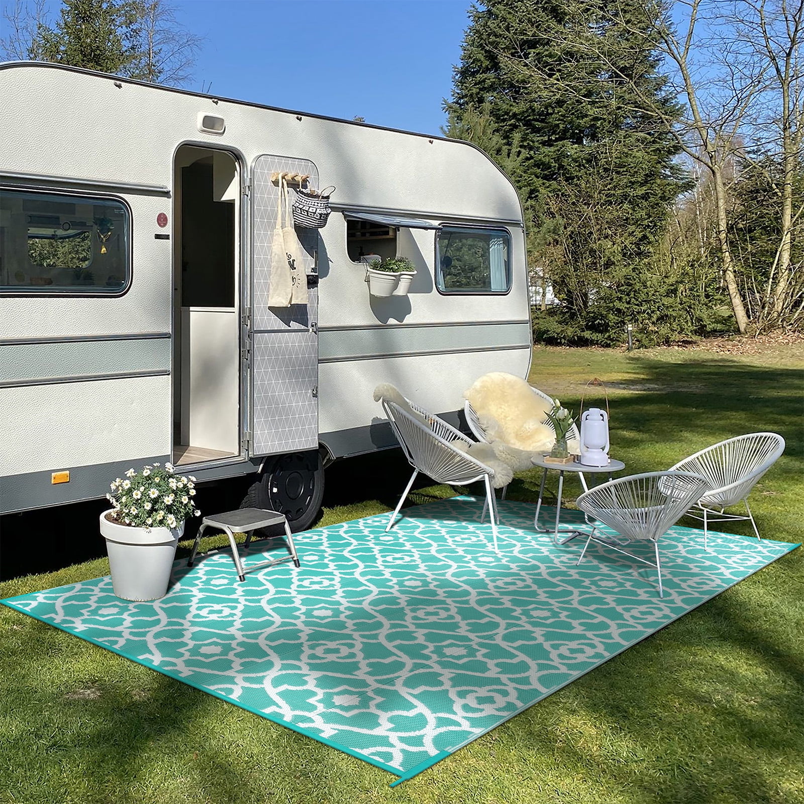 MeyJey 9'x12' Outdoor Rug, Patio Rug Waterproof RV Outdoor Rug Camping Rugs Reversible Plastic Mat for Camping, Balcony Apartment, Patio, Porch, Picnic, Beach, Aqua Blue