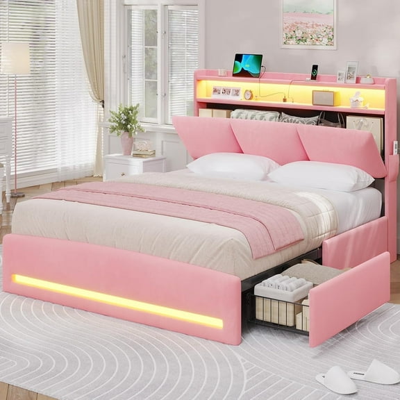 Queen Bed Frame with Storage Headboard and Charging Station, Velvet Upholstered Bed Frame Queen Size with 4 Drawers and LED Lights, Type C and USB, No Box Spring Needed, Pink