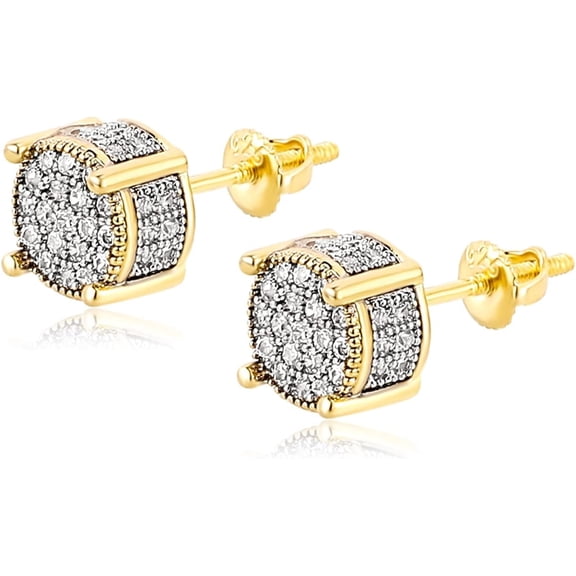 Leander Screw Back Earrings 14K Golden Plated 5A  Cubic Zirconia Cluster Round Screw On Stud Earrings For Men Women Aretes De Hombre