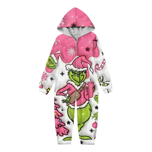 Moonsky-Family Adult Giant Green Monster Onesie Pajamas Slim Fit Christmas One Piece Suit Pjs for Women and Men Hooded Zipper-pink 6 Years