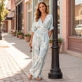 thumbnail image 6 of Women's One Piece Jumpsuits Casual V-Neck Short Sleeve Wide Leg Rompers Summer High Waist Beach Vacation Outfits with Pockets, 6 of 7