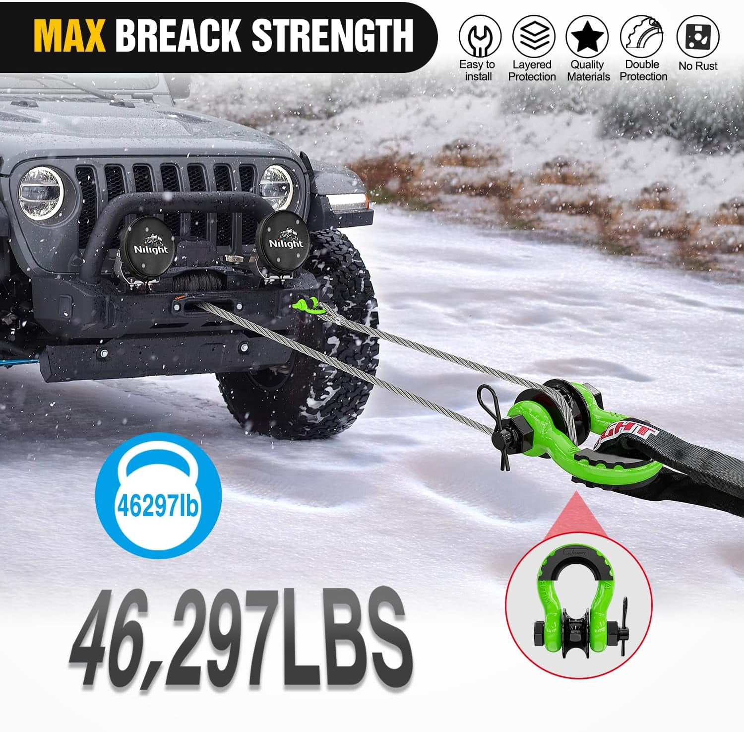 Nilight 3/4" D Ring Shackle with Towing Pulley 2 Pack 4.75 Ton (9500 Lbs) 7/8" Pin Heavy Duty off Road Recovery Shackle with Isolators Washer Kit for Jeep Truck Tractor Vehicle ATV UTV, Green