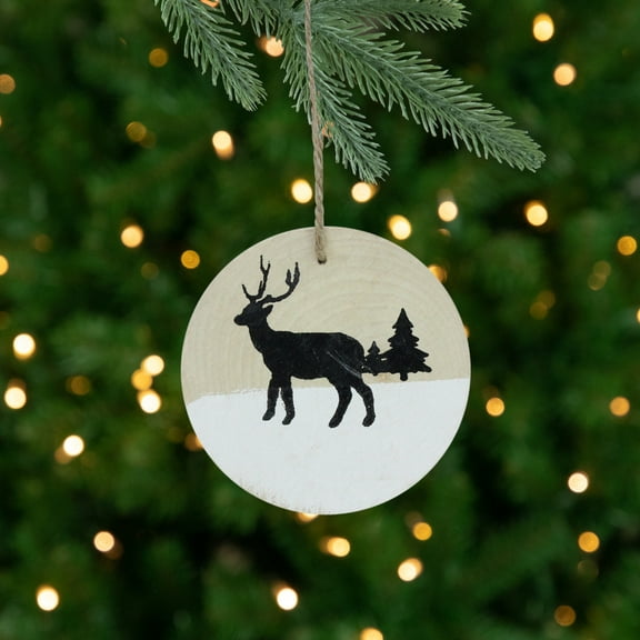 Northlight Winter Deer with Pine Trees on Wooden Disc Christmas Ornament - 3.75" - Beige