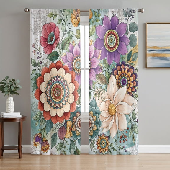 Vintage Spring Floral Sheer Curtains 63 Inch Length 2 Panels Set, Summer Botanical Detailed Foliage Voile Window Treatment Rod Pocket Curtains Sheers Drapes for Bedroom/Living Room/Kitchen 52x"63"x2