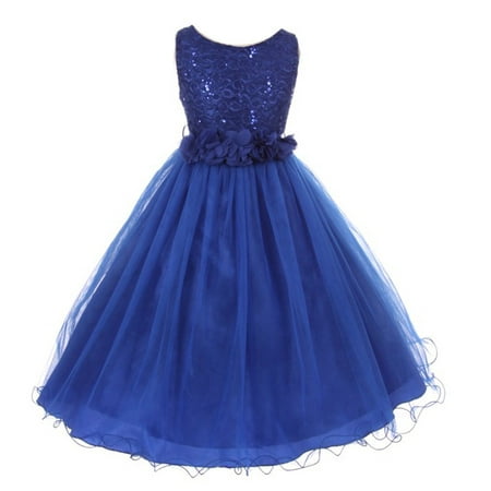 Girls Royal Blue Lace Sequin Tulle Flower Sparkle Special Occasion