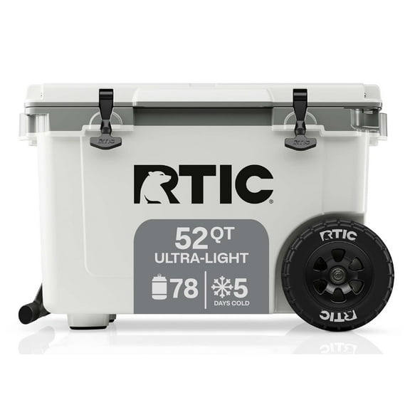 RTIC 52 QT Ultra-Light Wheeled Hard-Sided Ice Chest Cooler, Fits 78 Cans, White & Grey
