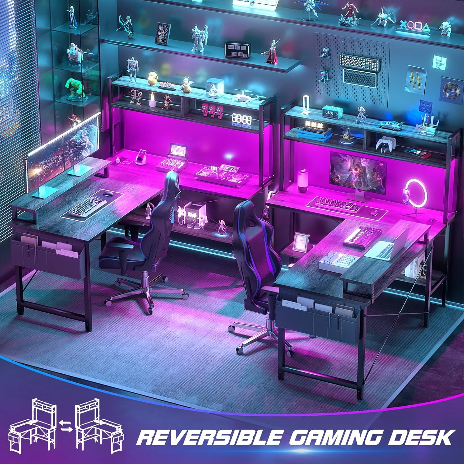 iSunirm Reversible L Shaped Gaming Desk with LED Lights & Power Outlets, 49'' Small L Shaped Computer Corner Desk with Monitor Stand and Storage Shelf, for Home & Office, Black Oak