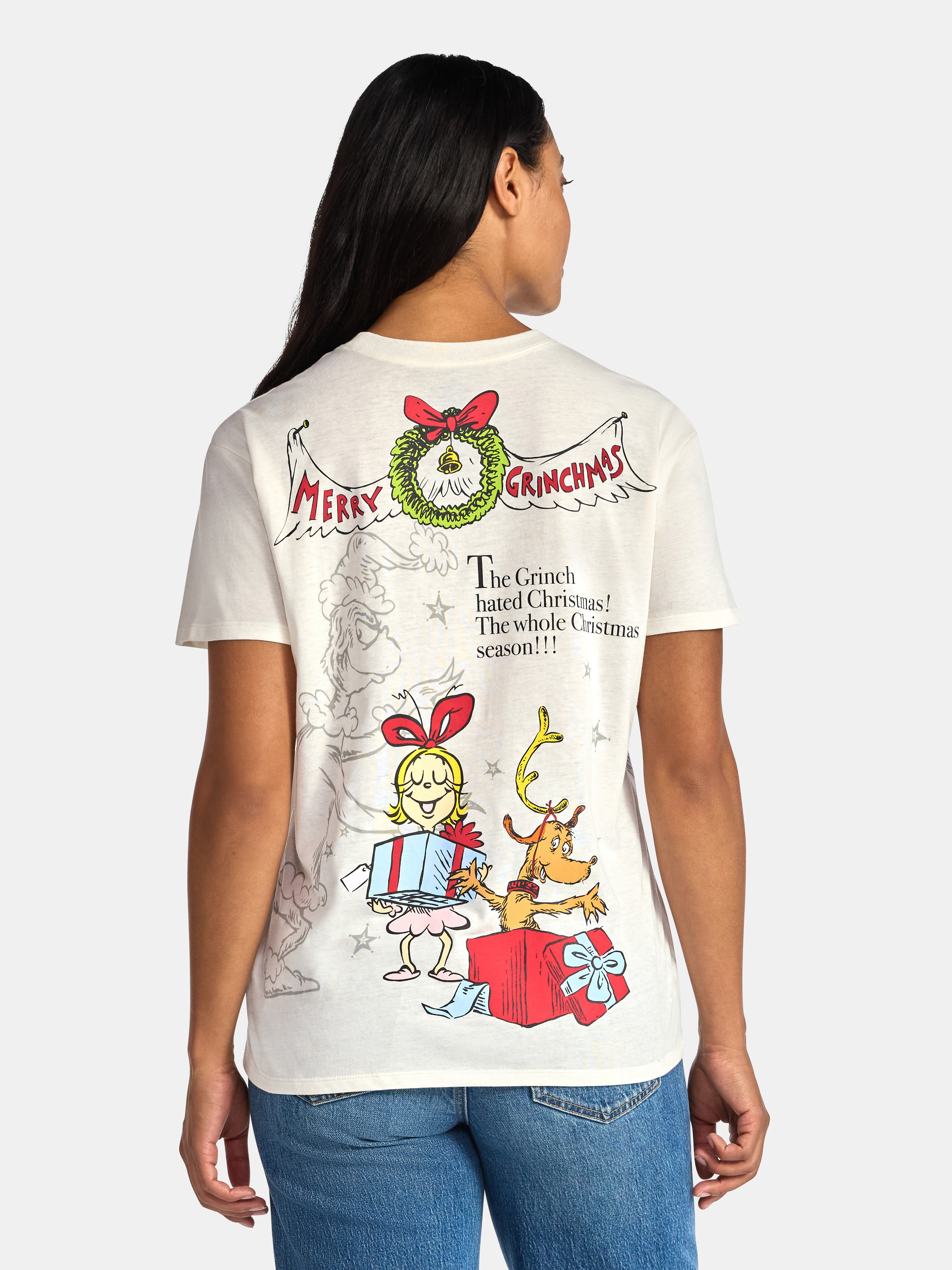 The Grinch Women's Front Back Christmas Graphic Tee with Short Sleeves, Sizes XXS-XXL
