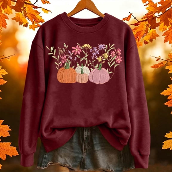 Halloween Sweatshirt for Women Oversized Charming Floral Pumpkin Embroidered Crewneck Sweatshirt with Fall Harvest Loose Fit Pullover Tops Brick Red L