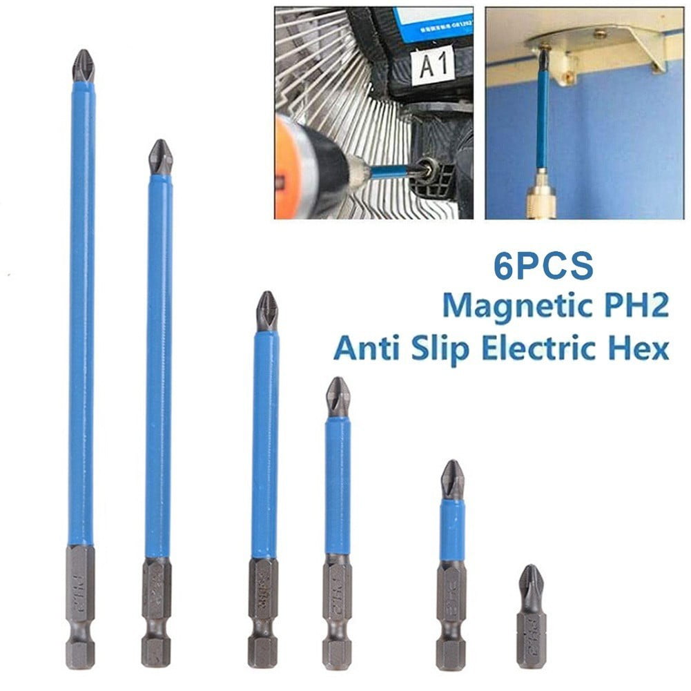 6pcs 1/4" Hex Shank 127mm PH2 Anti Slip S2 Magnetic Screw Driver Bits 