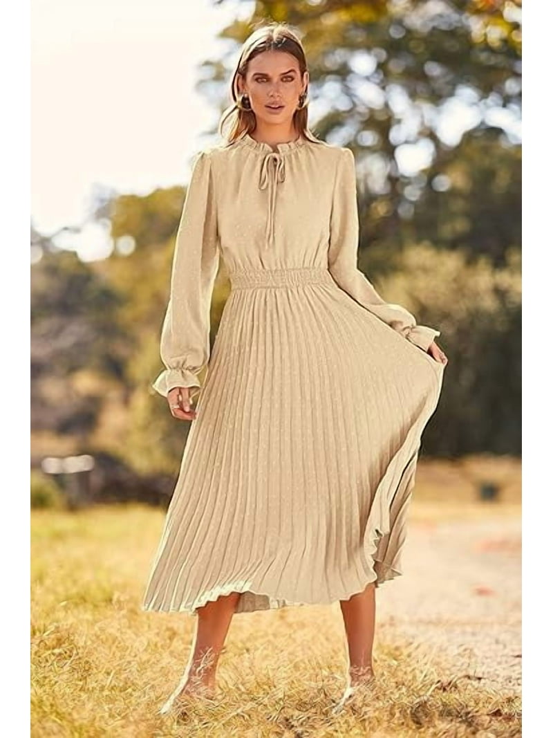 Prettygarden Women's Spring Fall Midi Dress Casual Long Sleeve V Neck Swiss Dot Pleated A Line Flowy Dresses, Size: 2XL, Beige Prettygarden Women's Spring Fall Midi Dress Casual Long Sleeve V Neck Swiss Dot Pleated A Line Flowy Dresses, Size: 2XL, Beige