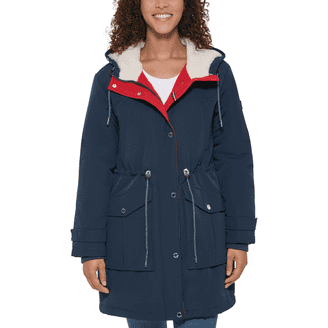 London Fog Women's Belted Puffer Jacket with Removable Faux Fur