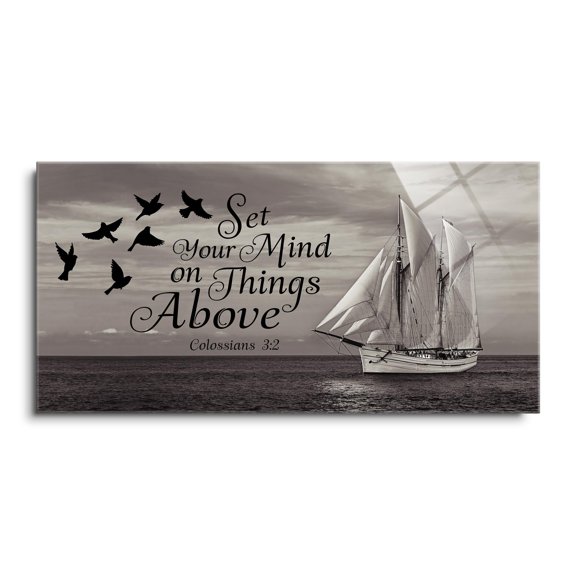 Set Your Mind Above Grey Ship Sky Birds 24 x 12 Glass Wall Hanging Sign