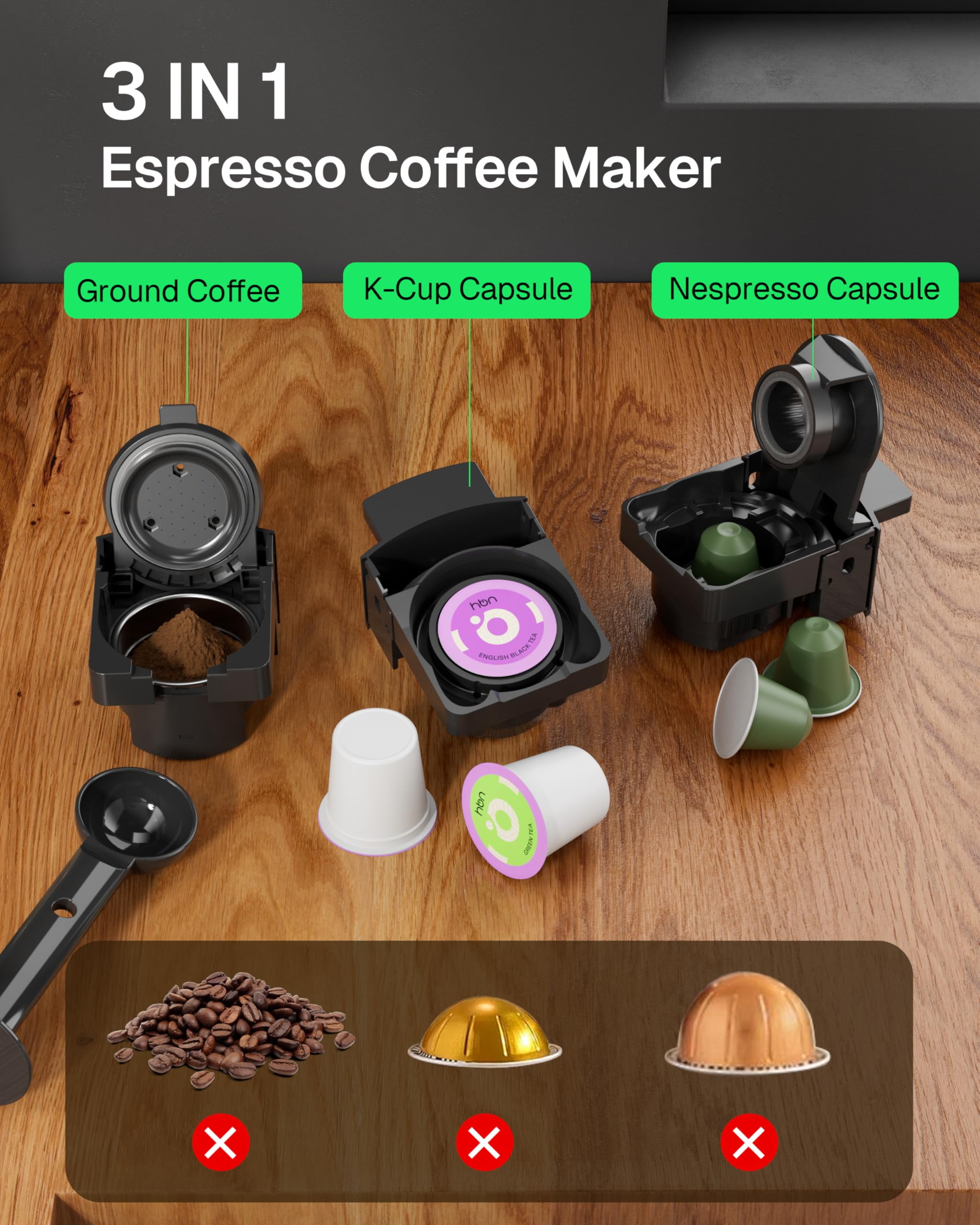 HBN 3-in-1 Coffee Maker, Multi Coffee Maker Single Serve for Nespresso Capsule & K-Cup Pods & Ground Coffee, 19Bar One-Touch Brewing Espresso Machine, 20oz Removable Water Tank, 1450W Fast Heat