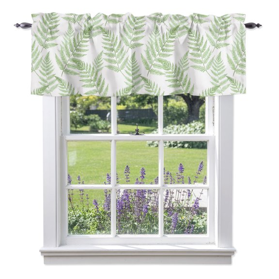 Green Ferns Valances for Windows, Spring Fronds Foliage Branches Botanical Farmhouse Valance Window Treatment Rod Pocket Short Curtains Valances for Kitchen Bathroom 42"W x 18"L