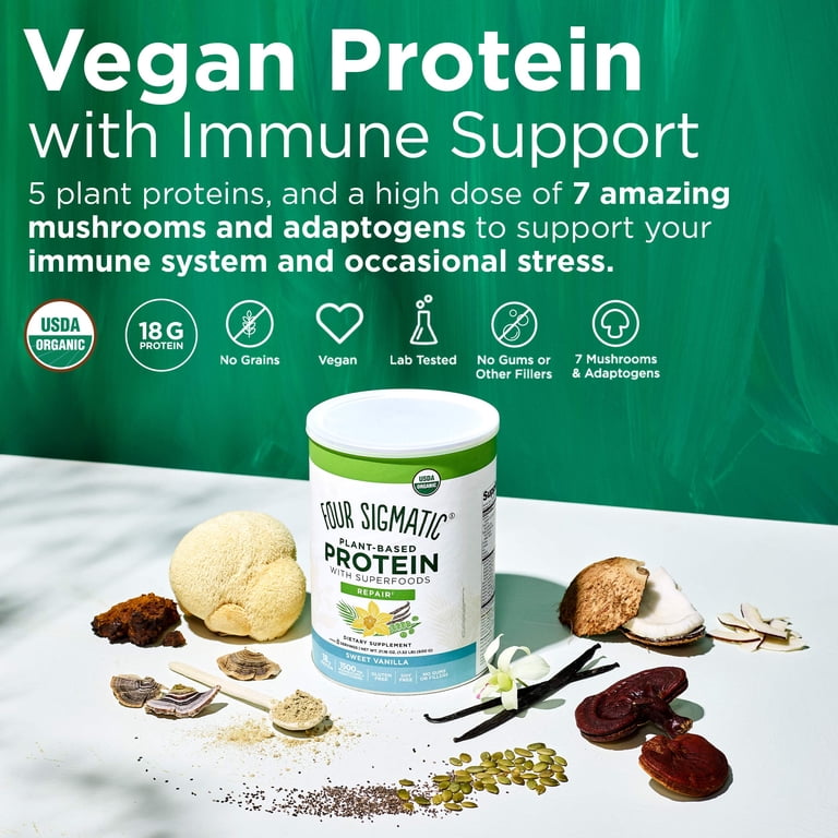 Four Sigmatic Organic Plant-Based Protein Powder, Sweet Vanilla, Mushrooms  and Adaptogens, 21.16 oz - Walmart.com