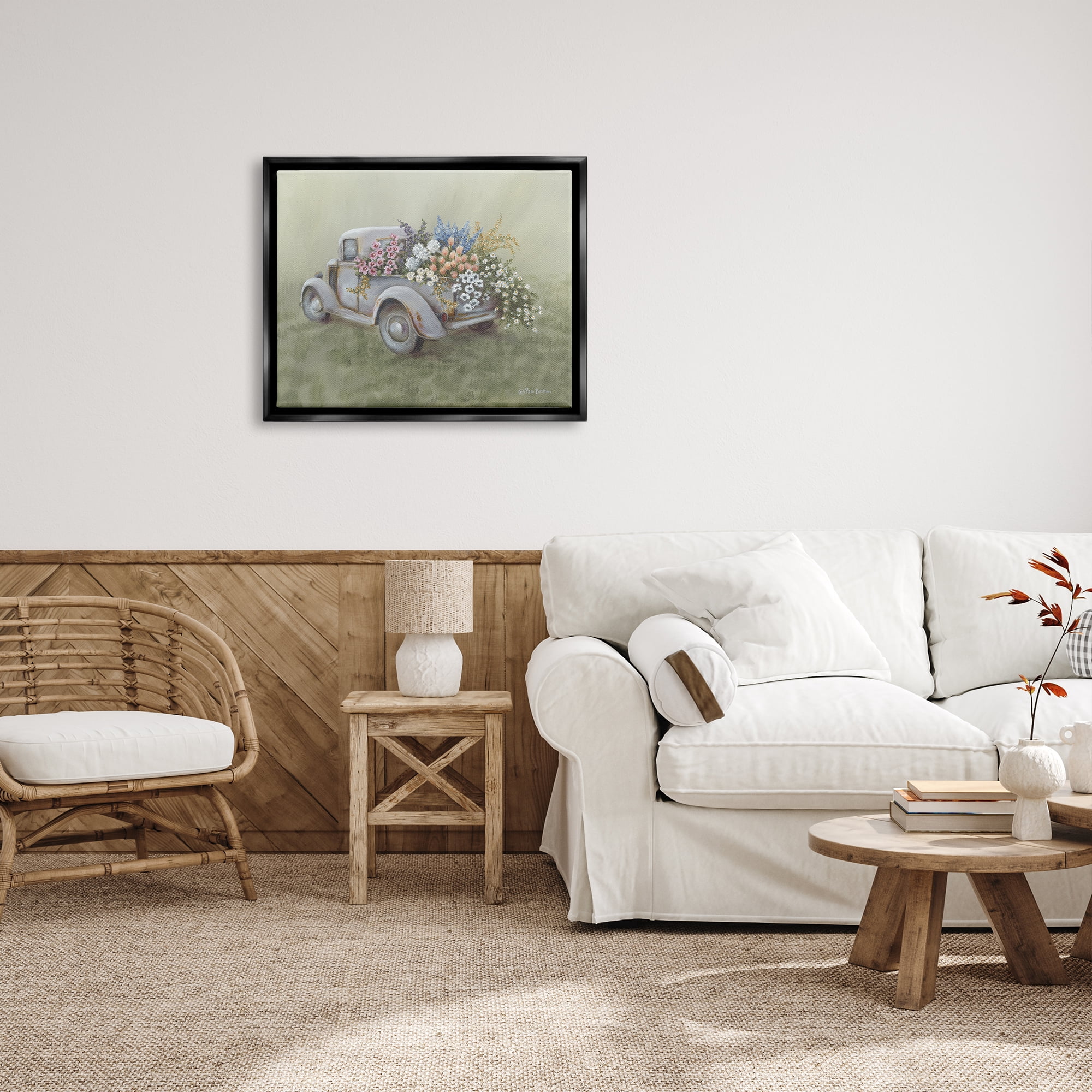 Stupell Farmhouse Flower Buggy Car Transportation Painting Black Floater Framed Art Print Wall Art