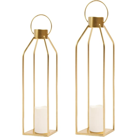 HPC Decor Modern Farmhouse Lantern - 22'' 19'' Large Tall Gold Metal Candle Lanterns with Timer Flickering Candles for Living Room, Outdoor, Fireplace Mantle Decor