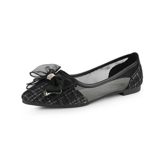 BLISSFUL STEP Women's Pointed Toe Rhinestone Bow Slip on Mesh Ballet Flats Black (Size 7)