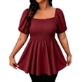 thumbnail image 2 of SSZMDLB Women Square Neck Tops Puff Sleeve Smocked Flowy Blouse Tshirt Casual Plus Size Summer Outfits Vacation Beach Wear Cute Tee Shirt, Wine 5XL, 2 of 5