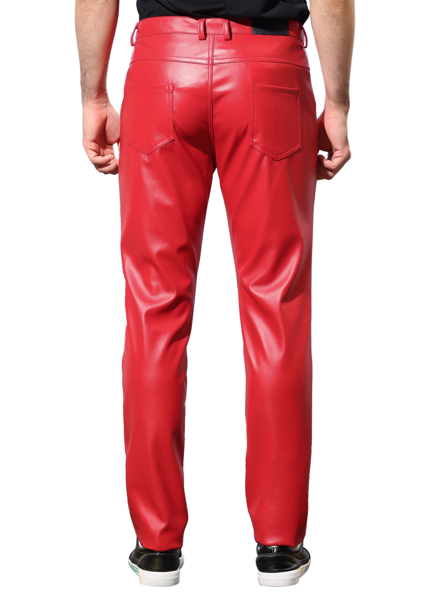 INSPIRE CHIC Men's Pants Faux Leather Slim Fit Zip-Fly Solid Pants 38 Red