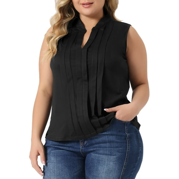Unique Bargains Women's Plus Size Tops V Neck Sleeveless Work Shirts Blouses 1X Black