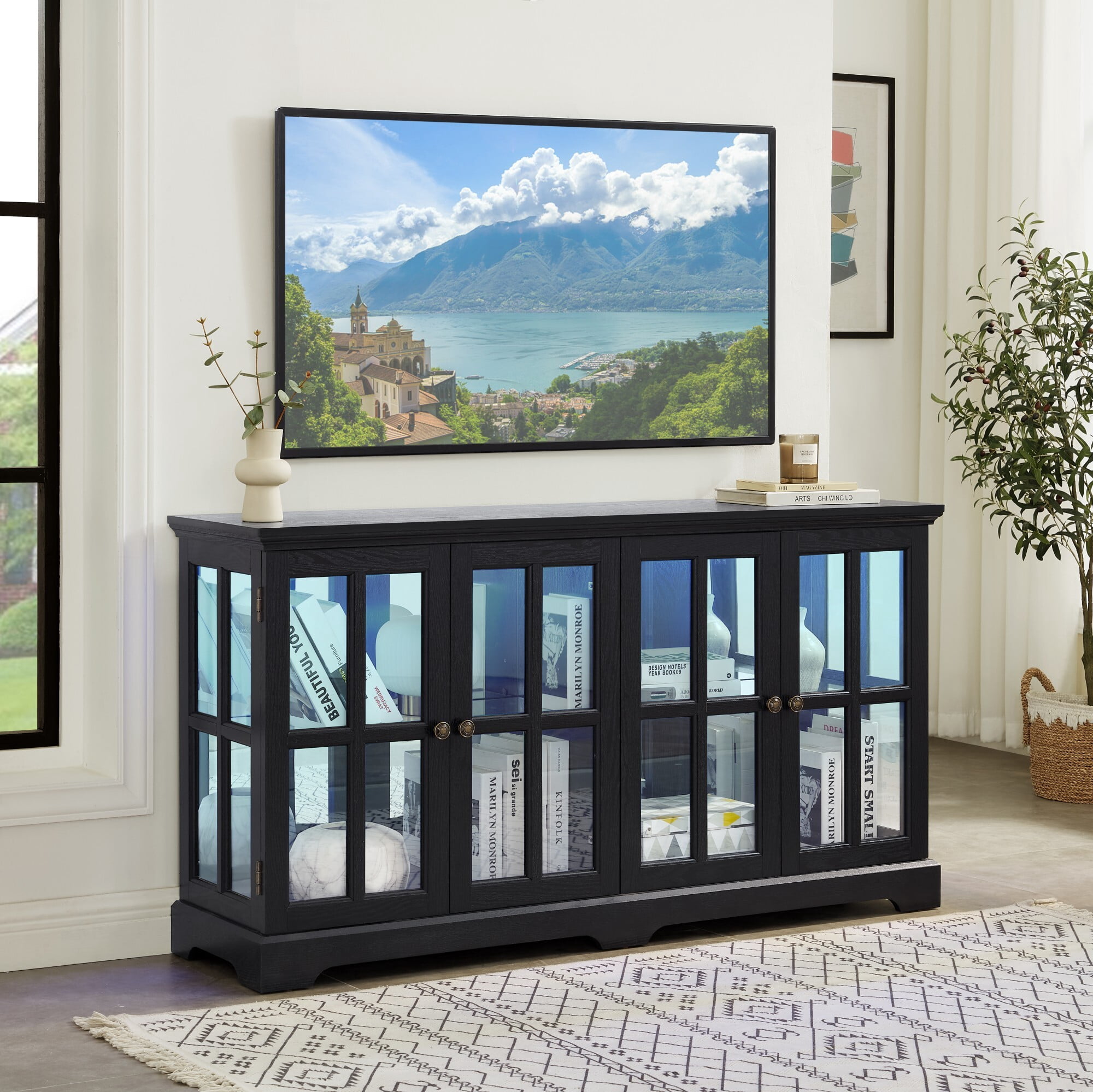 AENKYO Retro LED Glass Display Cabinet with Adjustable Shelves, Vintage Style Curio Showcase for Home, Antique Black