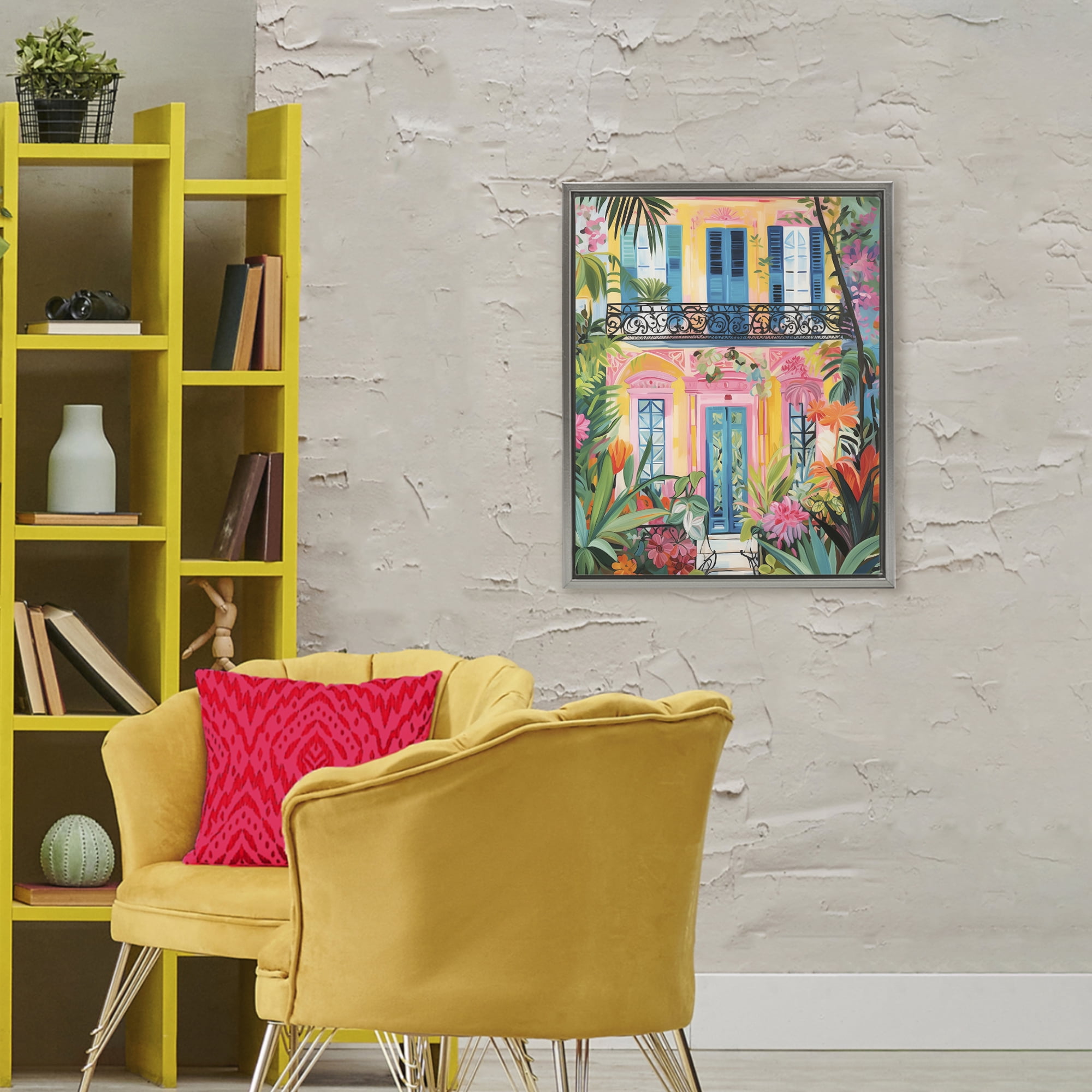 Stupell Industries Colorful Facade with Tropical Garden Gray Framed Floater Canvas Wall Art, design by LSR Design Studio