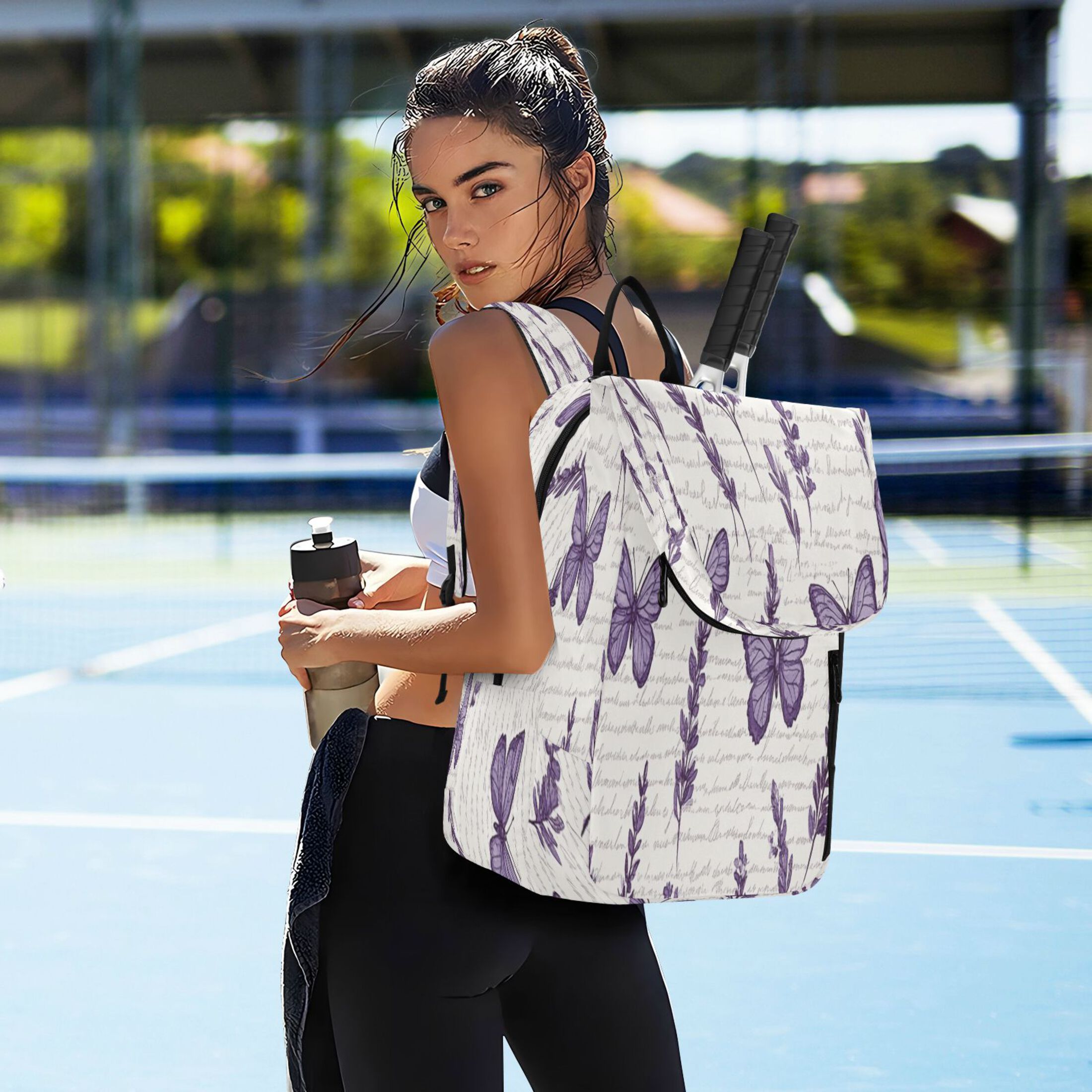 2 Racquet Holder Tennis Backpack Tennis Racket Covers Gym Bags Lavender Flowers and Butterflies