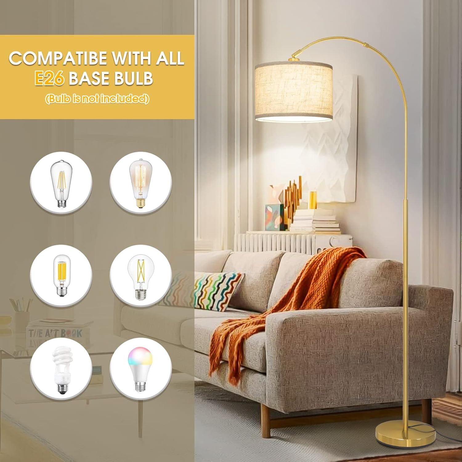 Gold Floor Lamp, Floor Lamp for Living Room with Adjustable Lampshade, Modern Tall Standing Lamp with On/Off Foot Switch, Over Couch Reading Light for Reading, Bedroom, Office