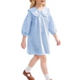 thumbnail image 3 of INSPIRE CHIC Halloween Girls Gingham Dress 3/4 Puff Sleeve Babydoll Shirt Dress with Doll Collar Loose Fit Fall Casual Dress for School & Parties 5-6 Years Blue, 3 of 5