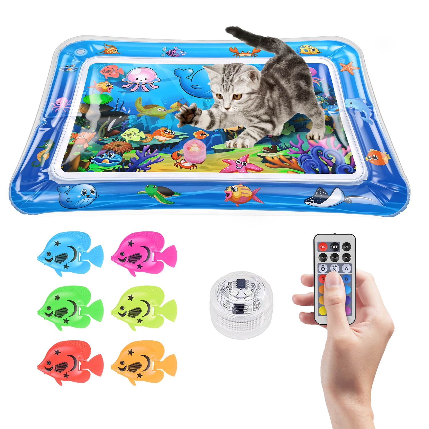 Imountek Thickened PVC Cat Water Mat Interactive Sensory Play Mat with LED Changing Light Floating Fish Toys for Indoor Cats Kittens, Blue