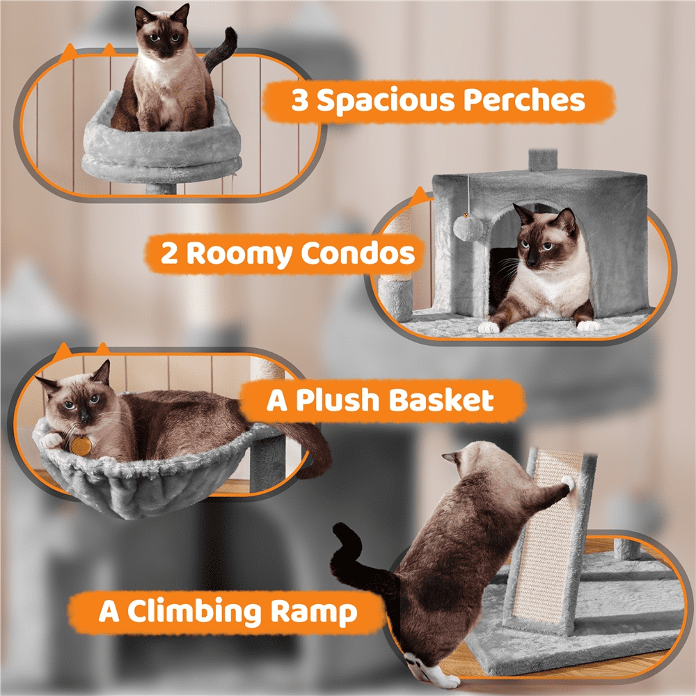 Alden Design 68.5"H Large Multilevel Cat Tree Tower with Condos and Perches, Light Gray