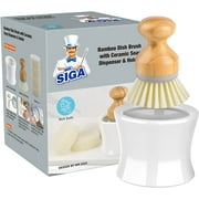 IGUOHAO Distributeur de savon à vaisselle et support, brosse à vaisselle en bambou avec distributeur de savon, comprend 4 éponges remplaçables
