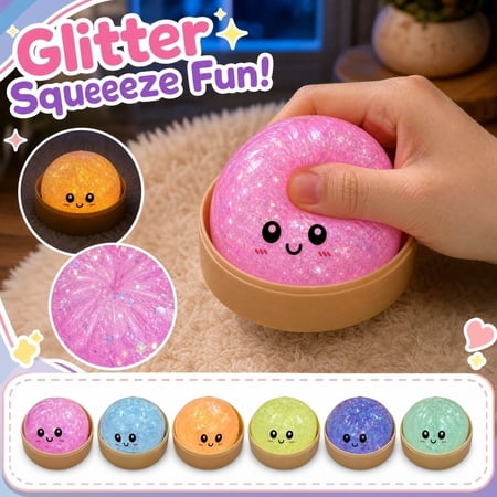 Glow in the Dark Dumpling Squishy Toy Glitter Bao Squeeze Toy with Mini Steamer Basket Nocturnal Stress Relief Fidget Sensory Toy - 1 PC Random Color
