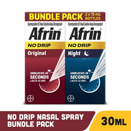 Afrin No Drip Original and Night 12hr No Drip Pump Mist 2 15ml Bottle Bundle Pack