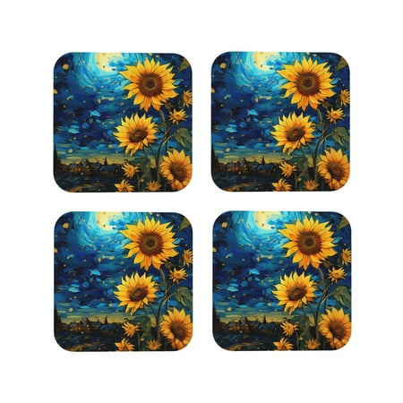 

Tideii Vintage Starry Sky Sunflower for Leather Coasters 4 Pieces Anti-fouling and Anti-scalding Decorative Coasters Suitable for Restaurants Kitchens Coffee Shops-Square