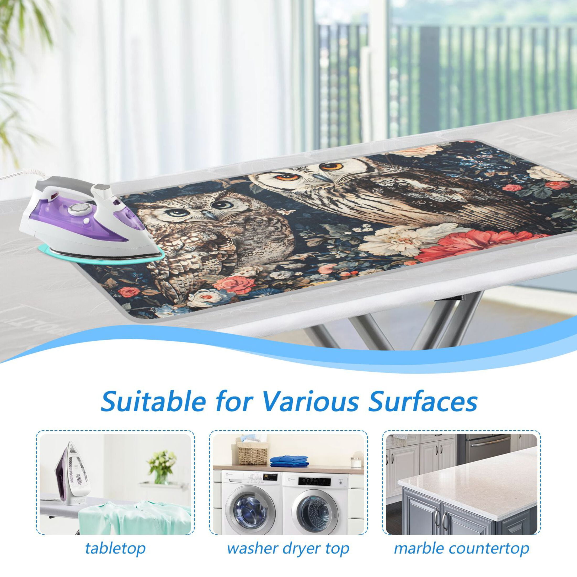 Owls and Flowers Ironing Mat Blanket for Table Top Travel Portable Ironing Board Pad 47.2x27.6 Inch