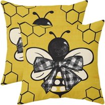 Summer Pillow Covers 18x18 Set of 2 Yellow Bee Kind Honeycomb Buffalo Plaid Bowknot Outdoor Decorative Throw Pillows Farmhouse Pillowcases Linen Cushion Case Decor for Home Sofa Couch Bed