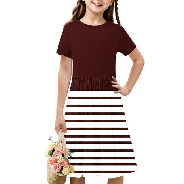 Liquidation Aujourd'hui Iumwxz Robe Décontractée Trapèze Robe Tunique pour Adolescentes Robe Col Ras du Cou Imprimé à Rayures Manches Courtes Robes pour Enfants Robe Ravissante pour Costume 4-14a