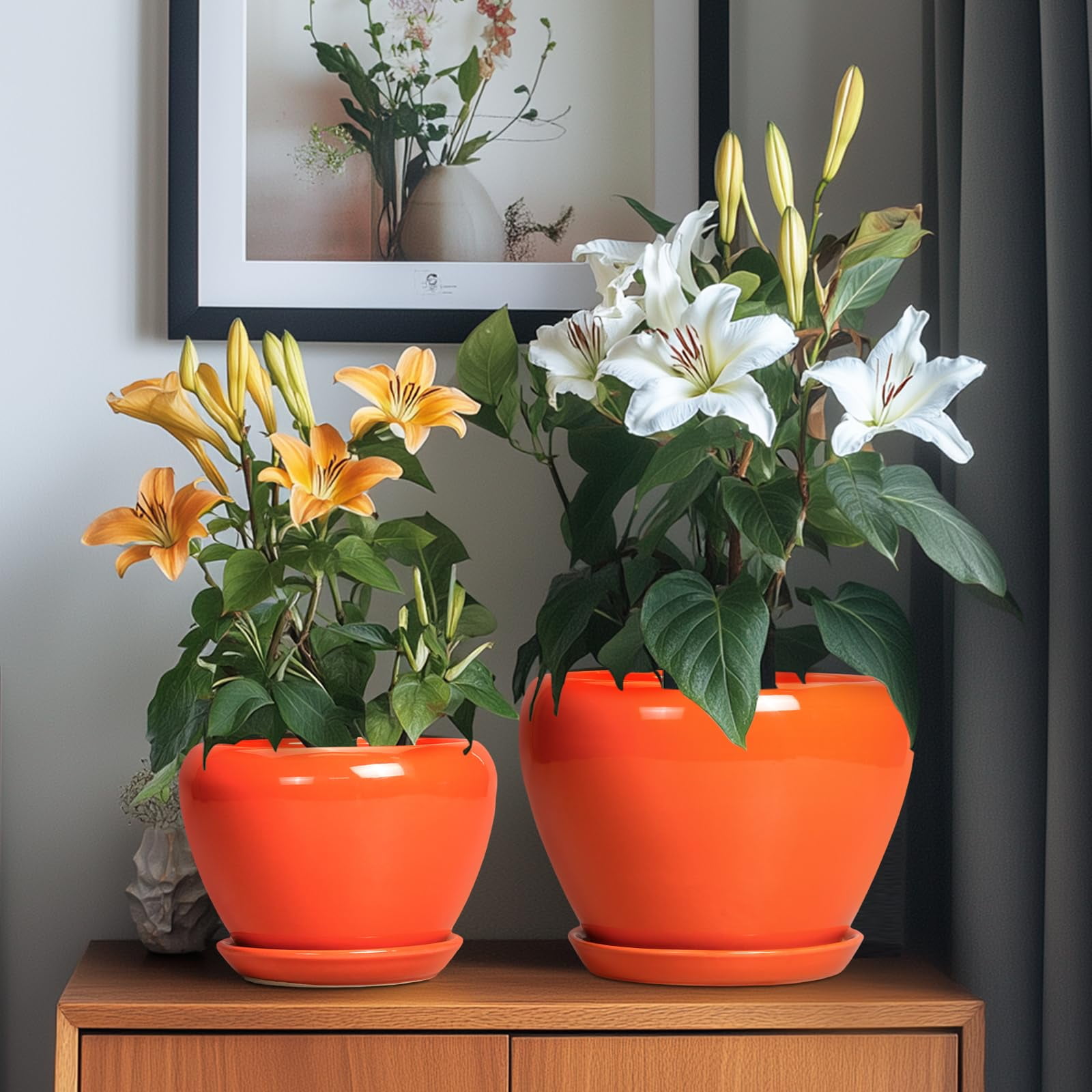 Ceramic Planter Pots Set of 3 with Drainage Hole & Saucer,10/8/6 inch Round Pots for Indoor Plants Flowers & Houseplants Patio & Outdoor Use Orange