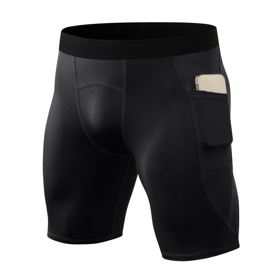 Rove Studio Men Spandex Compression Shorts With Side Pockets, Quick Dry Moisture Wicking 4-Way Stretch Tight Athletic Running Gym Workout Cycling Sports Underwear Shorts Black L