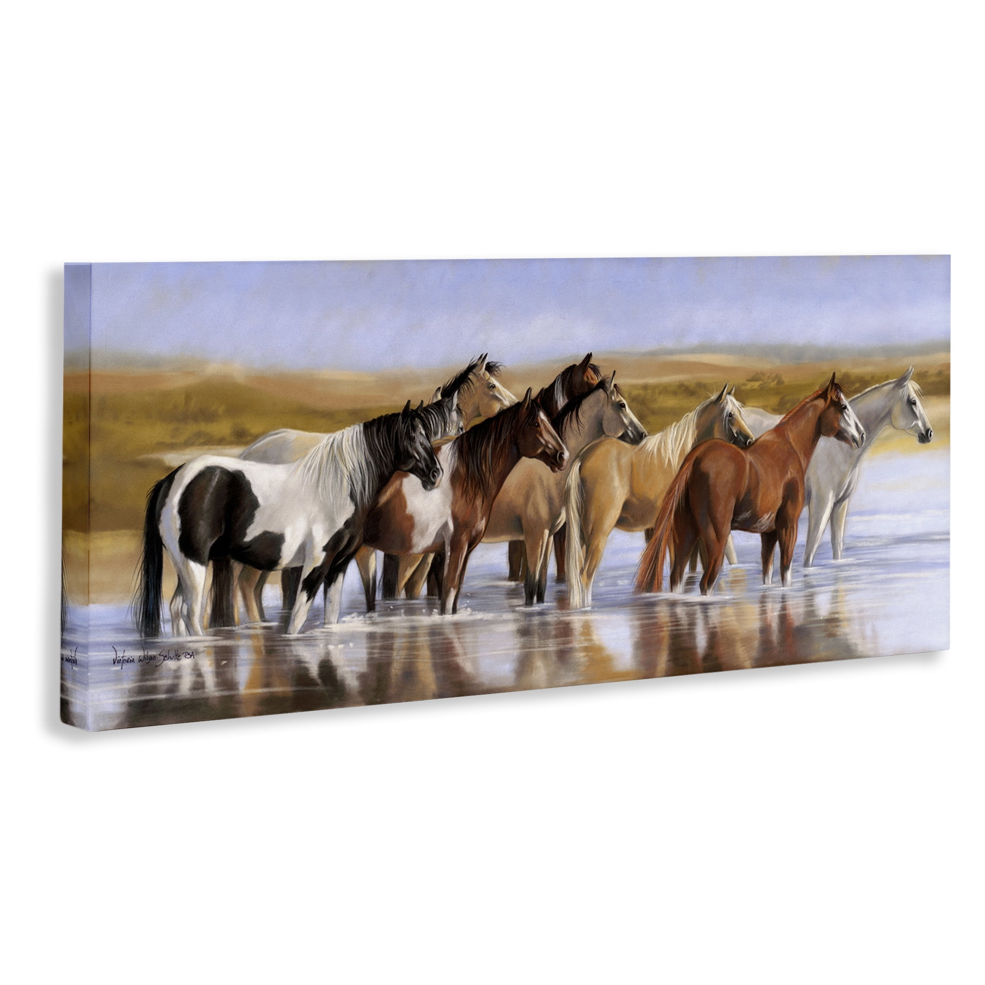 Stupell Industries Horse Herd in River Animals & Insects Painting Gallery Wrapped Canvas Art Print Wall Art, 24 x 10