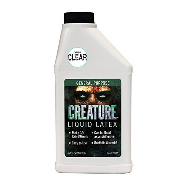 Creature Liquid Latex in a 16oz bottle, designed for professional special effects makeup. The liquid latex dries clear, making it ideal for creating wounds, gore effects, and seamless blending. The bottle features a white body with a black cap and clear labeling.