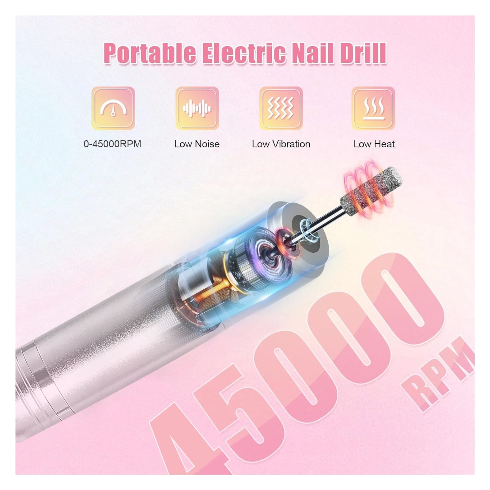 Professional 45000RPM Electric Portable Nail Drill Machine Rechargeable Low Noise Nail Sander File for Manicure Salon Tool