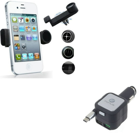 Air Vent Mount Holder w Retractable Car Charger L5G for Acer Liquid Jade Primo - Alcatel PulseMix, 7, Idol 5S 5 4S - ASUS Zenfone V Live, ROG Phone, AR 6 5z 4 Pro - Blackberry Motion, Key2