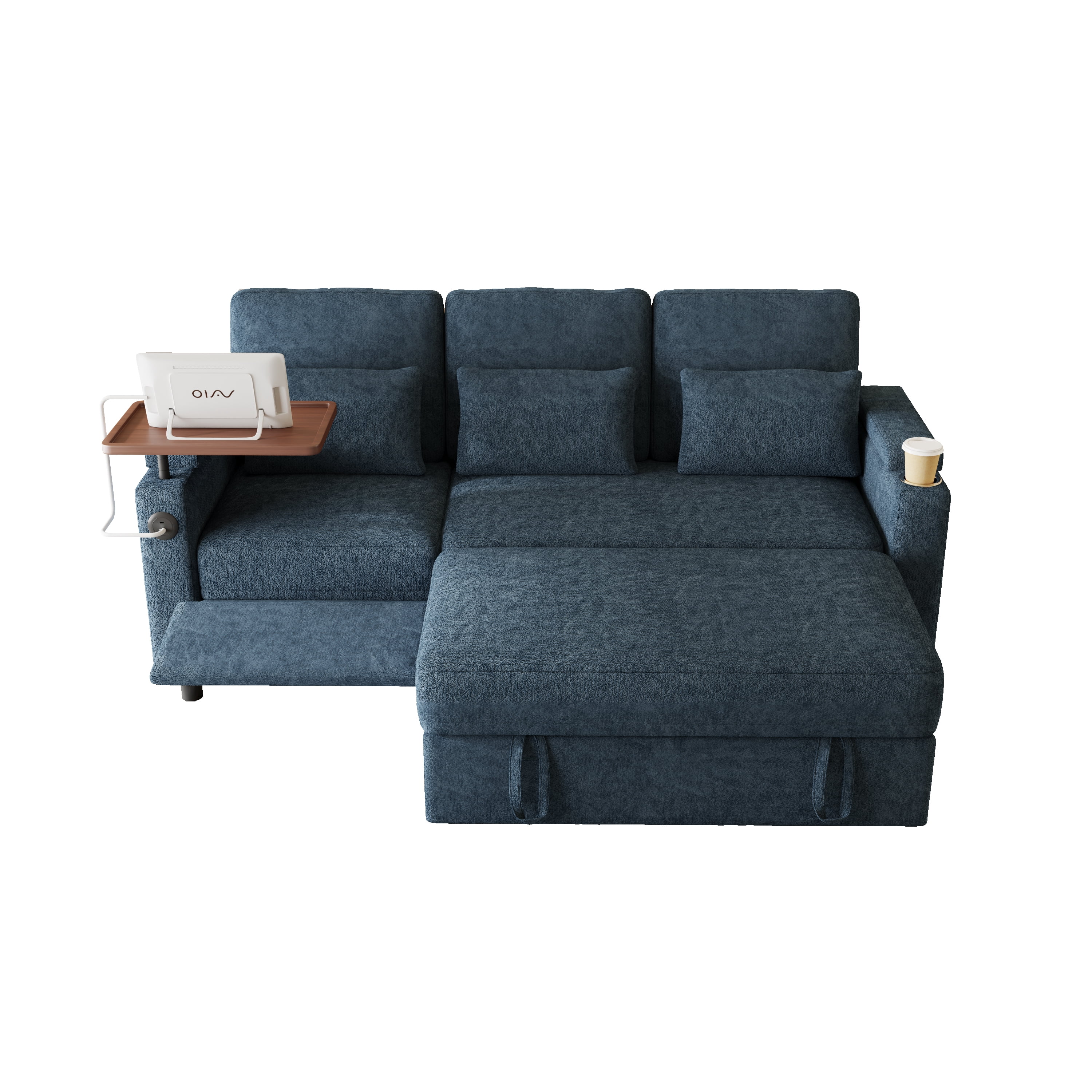 83" 3-in-1 Chenille Foldable Sofa Bed with Electric Chair,USB Ports,Table Board,Storage Armrests & Adjustable Backrest,3-Seater Sleeper,Blue