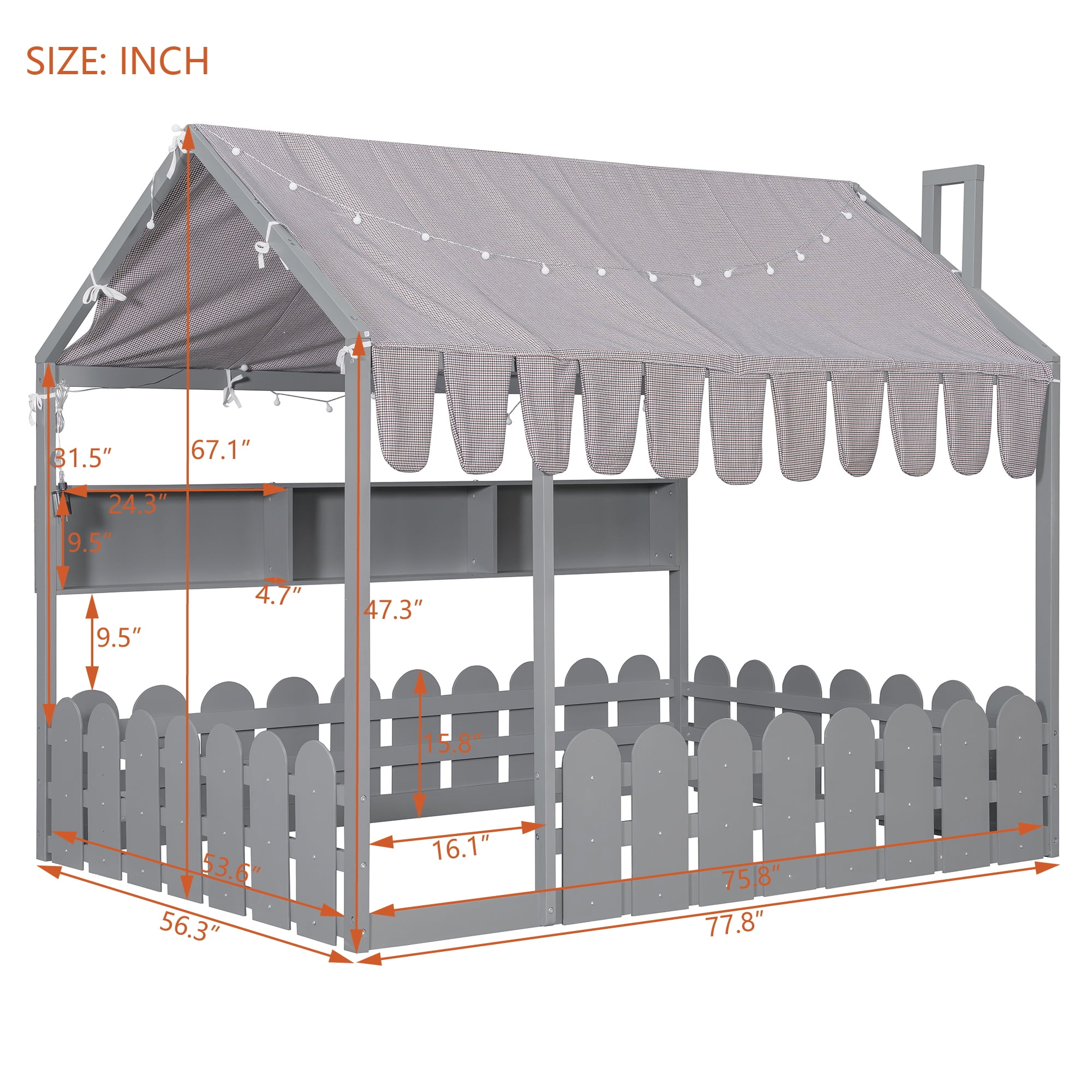 Aukfa Full Size House Bed with Fence and Tent for Kids, Wooden Montessori Bed with LED Lights & Storage Shelves for Toddler Boys and Girls Bedroom, Gray