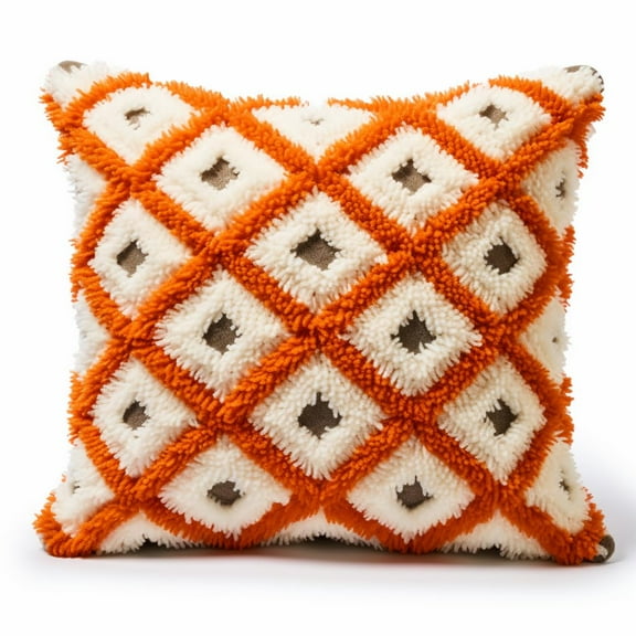 Latch Hook kits Pillow Orange and White Pattern Printed Canvas Cushion Crochet Yarn Needlework DIY Hook Latch Kit Embroidery Pillowcase Rug Cover Home Sofa Christmas Decoration 43x43cm(11)