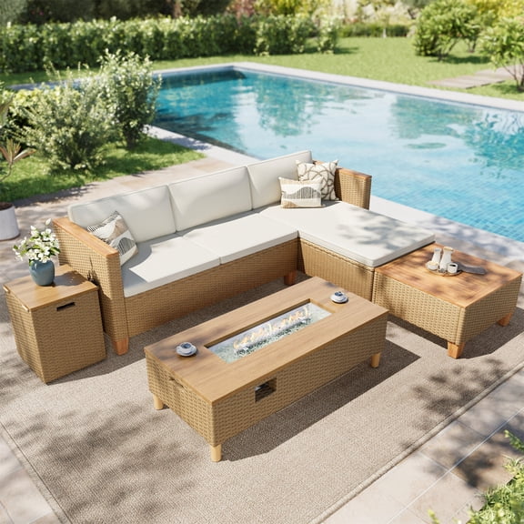 SUMMIT LIVING 5-Piece Wicker Patio Furniture Set with 42" Fire Pit Table, Outdoor Sectional Conversation Sofa, Yellow and Beige